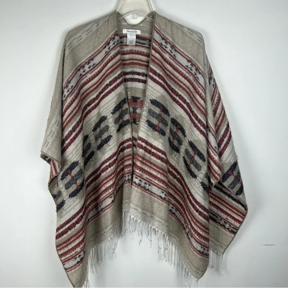 Southwestern Cape Poncho Fringed Western Boho Aztec Festival Cozy Soft Rodeo - Picture 6 of 13